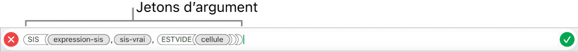 L’éditeur de formules affichant une fonction avec des jetons d’argument.