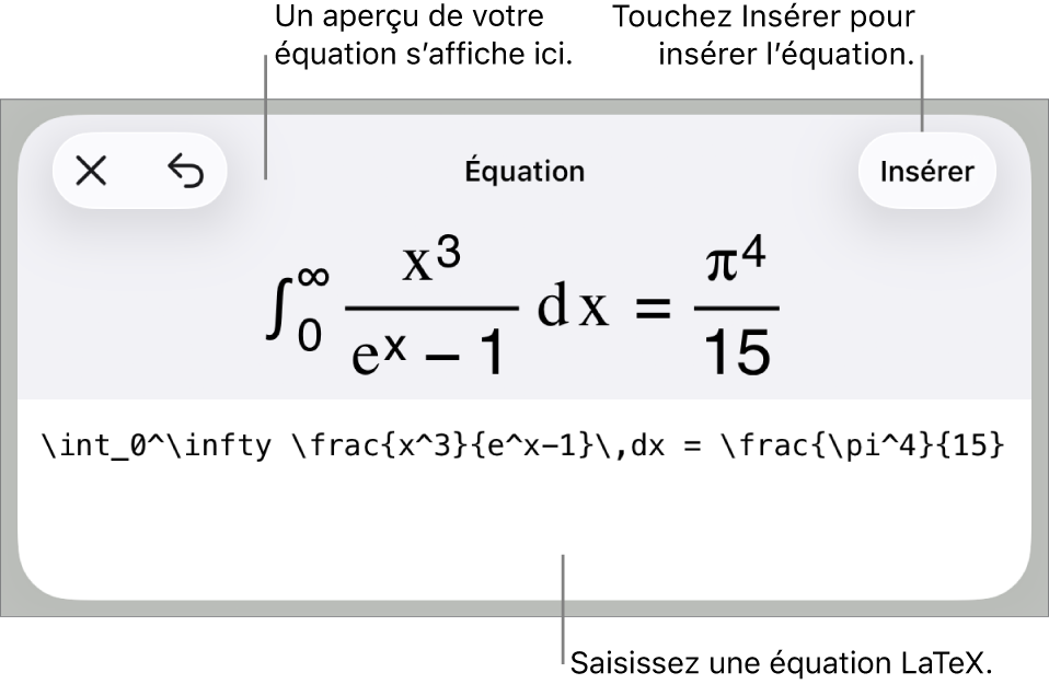 Zone de dialogue Équation, affichant une équation composée à l’aide des commandes LaTeX, et un aperçu de la formule au-dessus.
