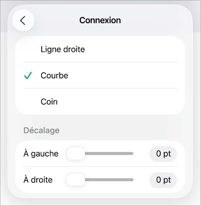 Les commandes Connexion avec l’option Courbe sélectionnée.