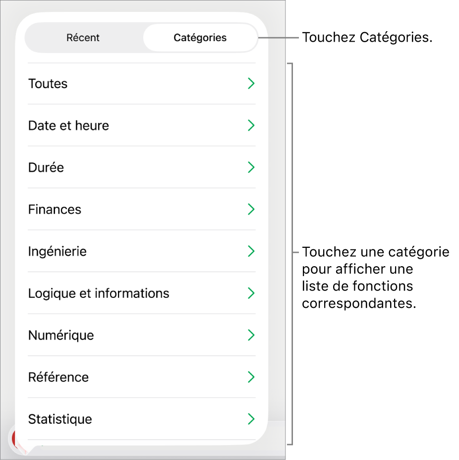 Le navigateur de fonctions avec le bouton Catégories sélectionné et la liste des catégories en dessous.