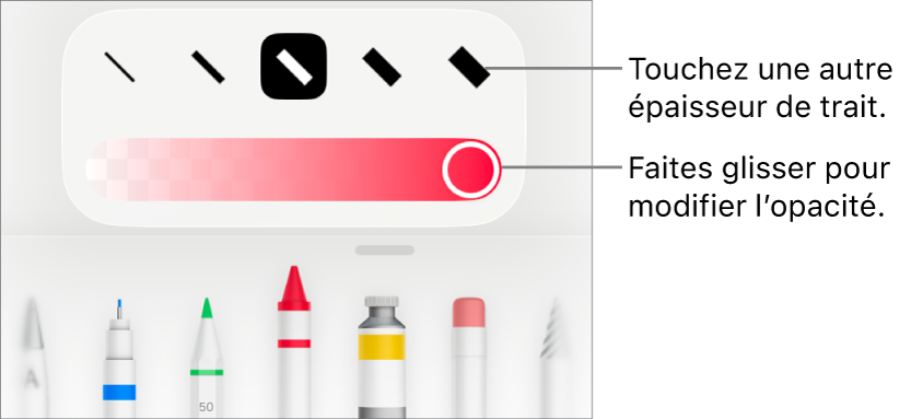 Commandes pour choisir une épaisseur de trait et curseur pour ajuster l’opacité.
