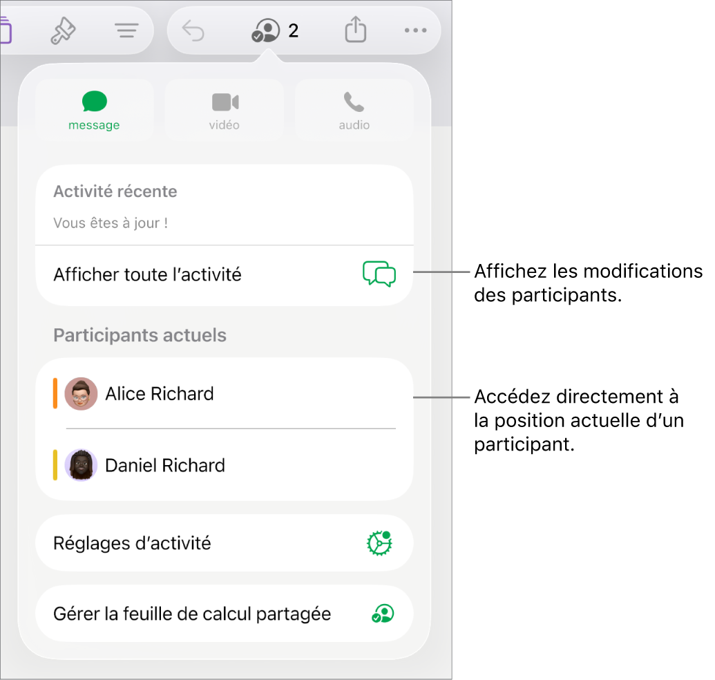 Le menu de collaboration répertoriant les participants actifs.