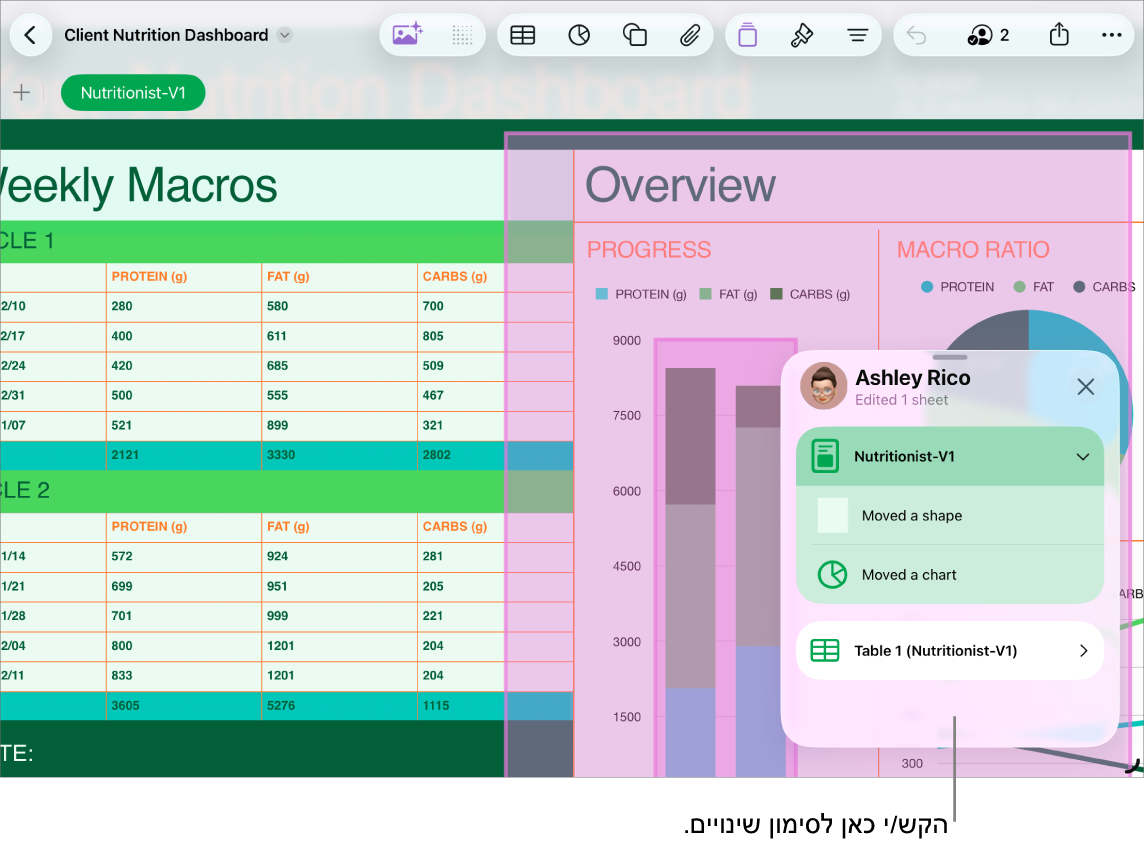 גיליון עבודה שיתופי כאשר רשימת הפעולות פתוחה.