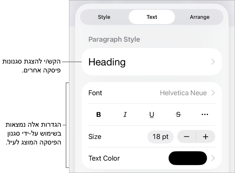 תפריט ״עיצוב״ עם כלי בקרה של מלל להגדרת סגנונות, גופן, גודל וצבע עבור פיסקאות ותווים.