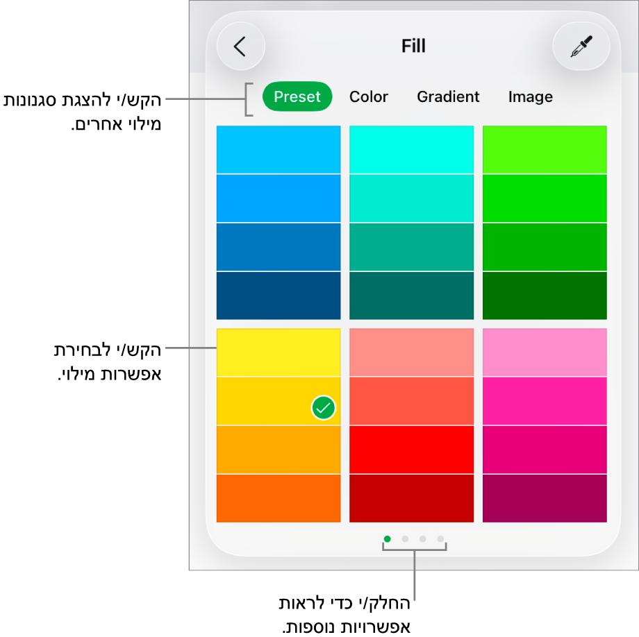 אפשרויות מילוי בכרטיסייה ״סגנון״ של הכפתור ״עיצוב״.