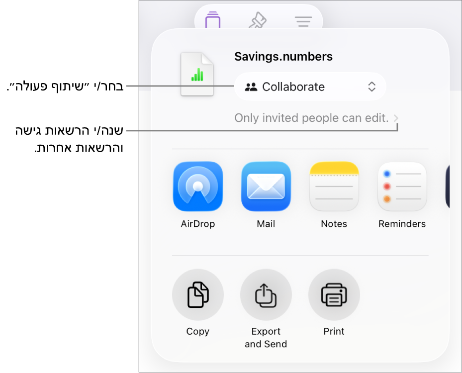 תפריט השיתוף כאשר האפשרות ״שיתוף פעולה״ נבחרת בחלק העליון ומתחתיה הגדרות הגישה וההרשאות.