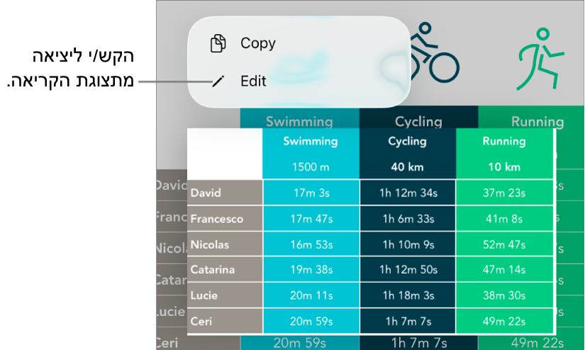 נבחר תא בטבלה, ומעליו מופיע תפריט עם הכפתורים ״העתק״ ו״עריכה״.