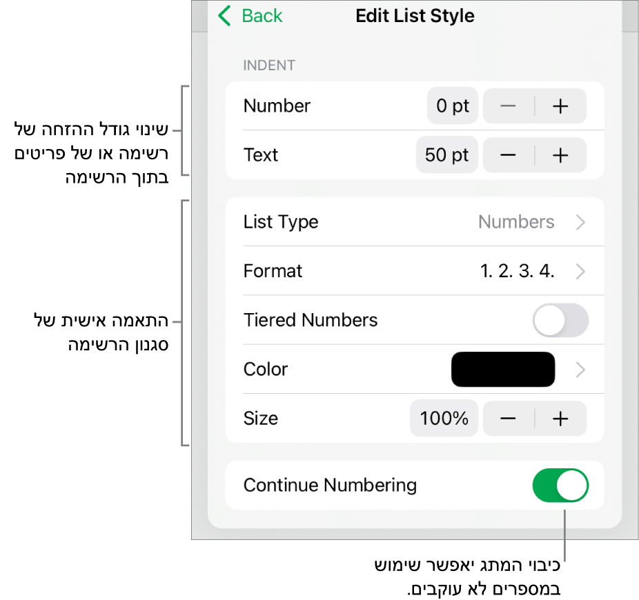 התפריט ״עריכת סגנון רשימה״ עם כלי בקרה לריווח הזחות, סוג ועיצוב של רשימה, מספרים ברמות, צבע וגודל הרשימה, ומספור מתמשך.
