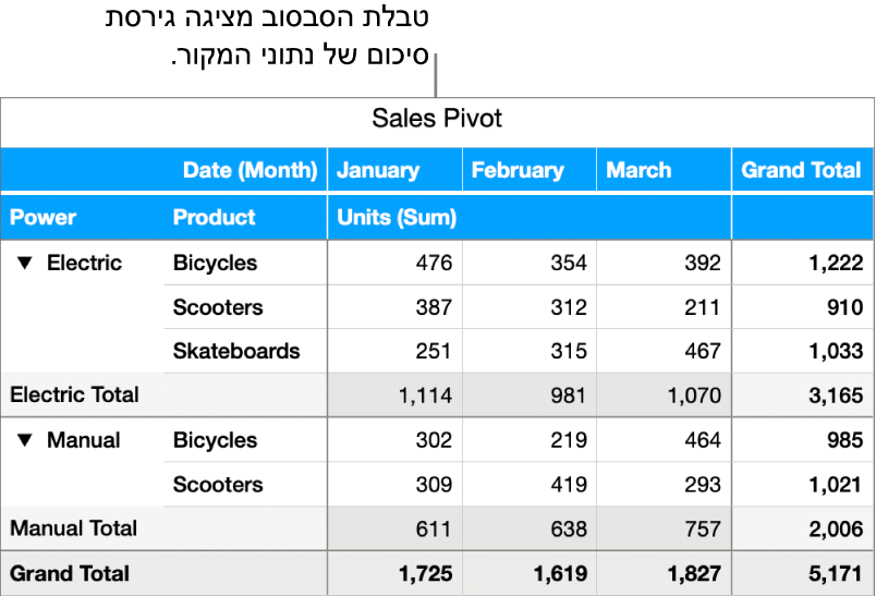טבלת סבסוב הכוללת נתונים מסוכמים ופקדים לגילוי נתונים מסוימים.