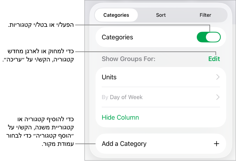 התפריט ״קטגוריות״ ב-iPad עם אפשרויות לביטול קטגוריות, מחיקת קטגוריות, סידור מחדש של נתונים בקבוצות, הסתרת עמודת מקור והוספת קטגוריות.