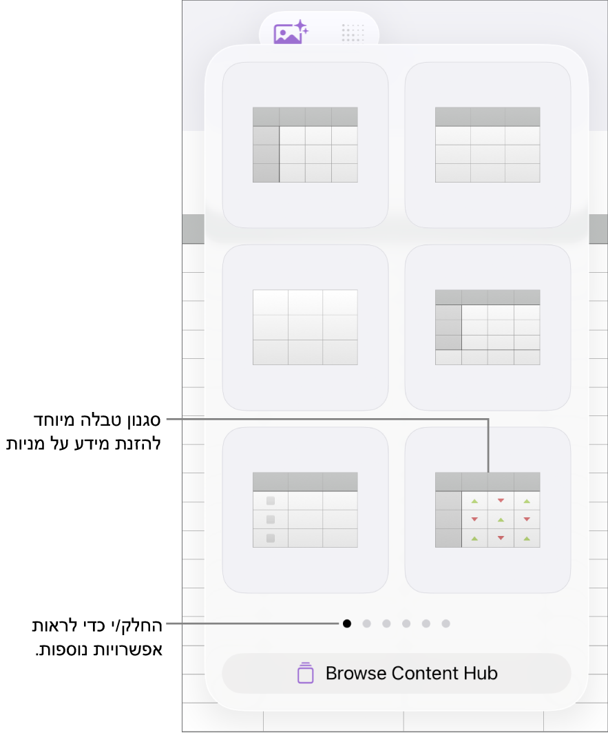 הכפתור ״טבלה״ נבחר, והסגנונות של טבלאות מוצגים מתחתיו.