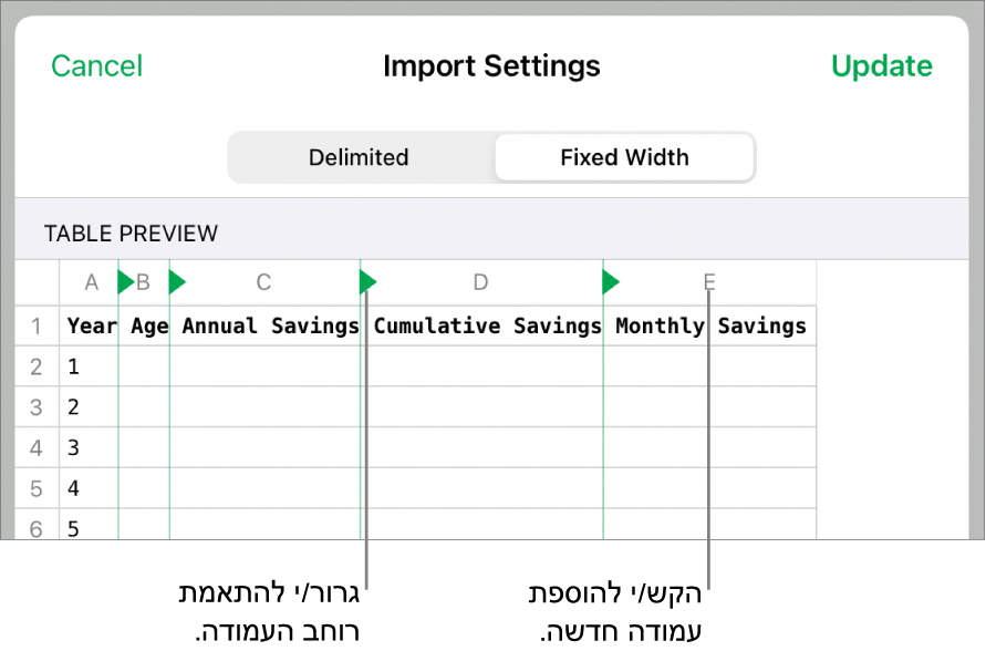הגדרות הייבוא עבור קובץ מלל ברוחב קבוע.