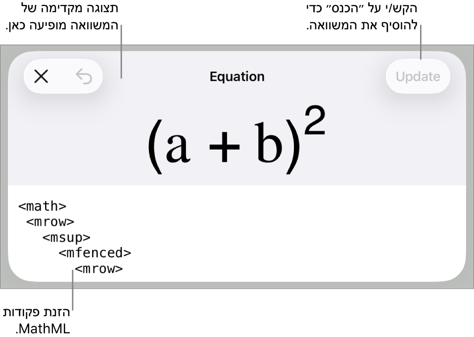 תיבת הדו‑שיח ״משוואה״, מציגה משוואה שכתובה באמצעות פקודות MathML, עם תצוגה מקדימה של הנוסחה למעלה.