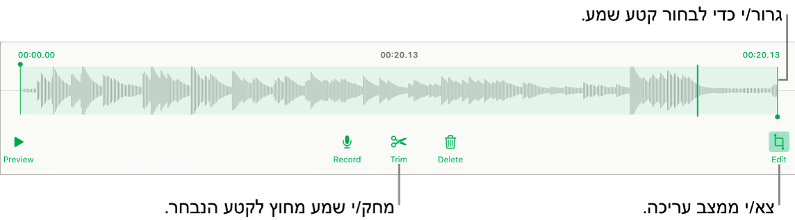 כלי הבקרה לעריכת שמע שהוקלט. ידיות האחיזה מציינות את המקטע שנבחר מתוך ההקלטה, והכפתורים ״תצוגה מקדימה״, ״הקלט״, ״חתוך״, ״מחק״ ו״מצב עריכה״ נמצאים מתחת.