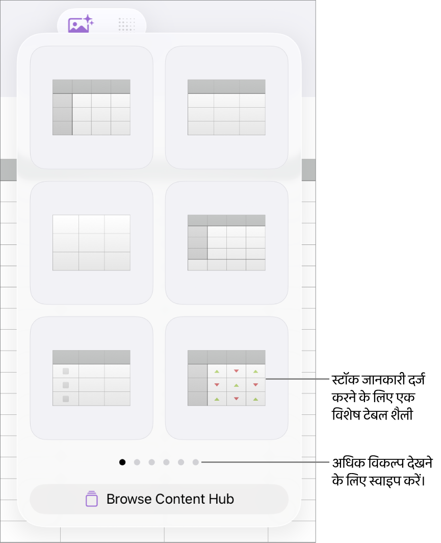 नीचे प्रदर्शित टेबल शैलियों वाला चुना गया टेबल बटन।