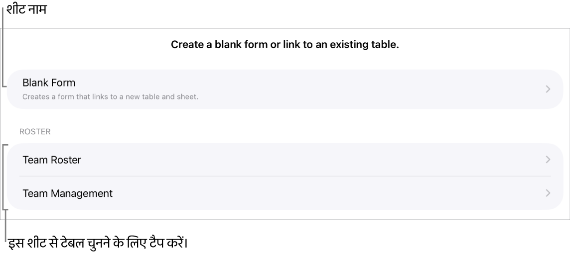 एक ही स्प्रेडशीट में शीर्ष पर ख़ाली फ़ॉर्म बनाने के विकल्प के साथ टेबल की सूची।