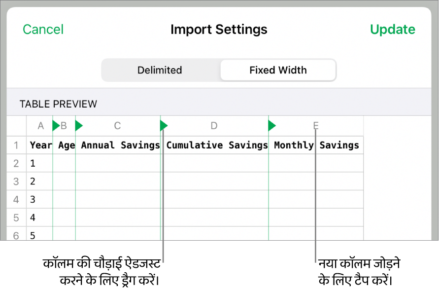 नियत चौड़ाई टेक्स्ट फ़ाइल के लिए इंपोर्ट सेटिंग्ज़।