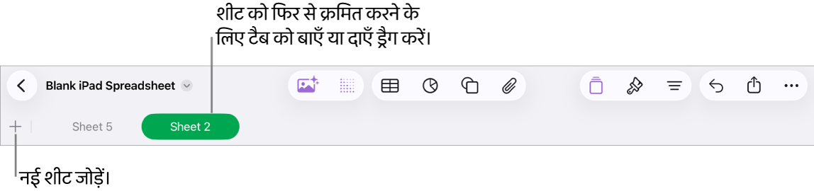 नई शीट जोड़ने, शीट को नैविगेट करने, उन्हें रीऑर्डर करने और फिर से व्यवस्थित करने के लिए टैब बार।