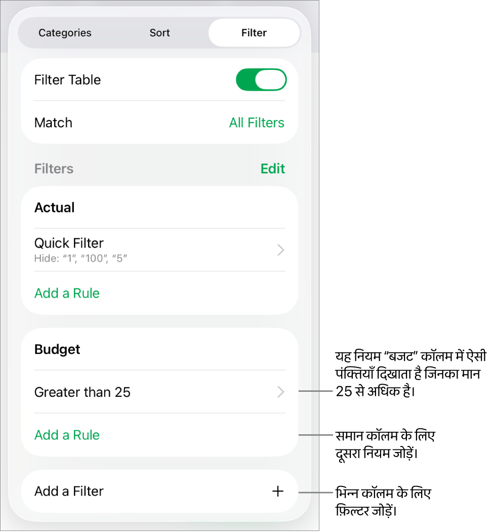 वर्तमान फ़िल्टरिंग नियमों को संपादित करने या नए फ़िल्टरिंग नियम जोड़ने के लिए नियंत्रण।