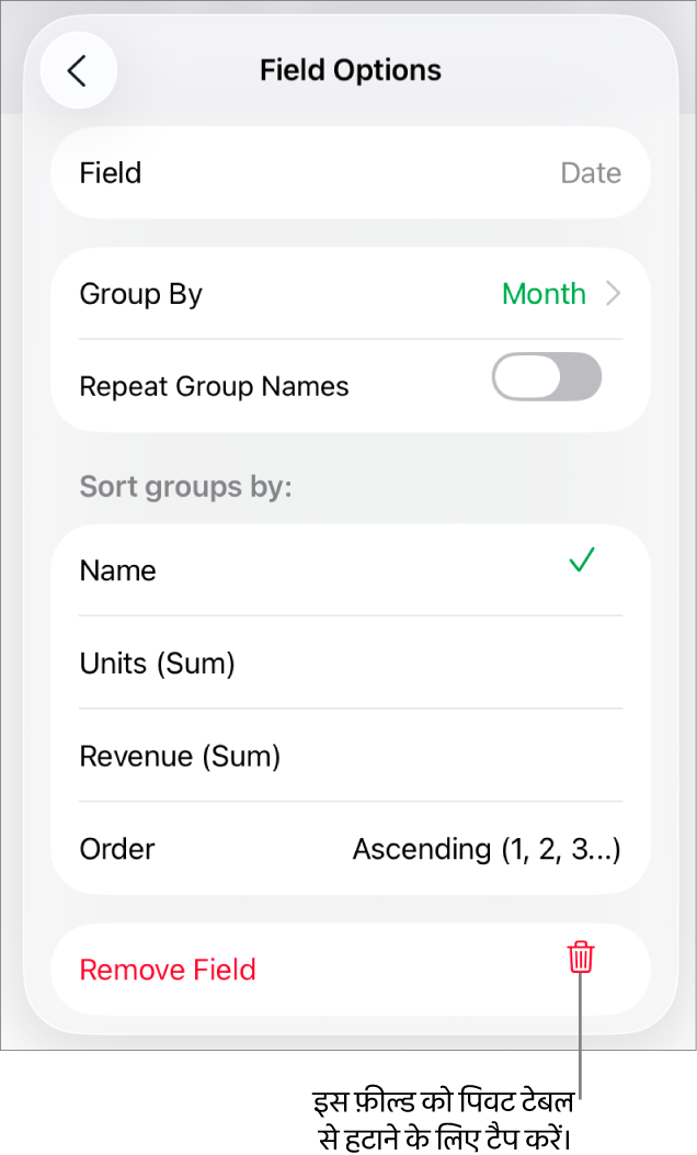 फ़ील्ड विकल्प मेनू जो डेटा को वर्गीकृत करने और सॉर्ट करने के लिए नियंत्रण दिखाता है, साथ में फ़ील्ड को हटाने के लिए विकल्प दिखाता है।