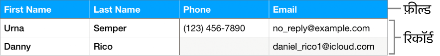 फ़ील्ड लेबल शामिल करने वाली हेडर पंक्ति और खिलाडियों की टीम रोस्टर के लिए संपर्क जानकारी दिखाने वाली रिकॉर्ड की सूची सहित फ़ॉर्म के साथ इस्तेमाल करने के लिए ठीक तरह से सेट किया गया टेबल।