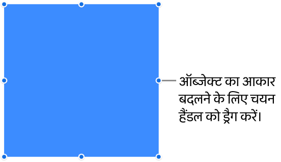 ऑब्जेक्ट के आकार को बदलने के लिए बॉर्डर पर नीले बिंदुओं वाला ऑब्जेक्ट।