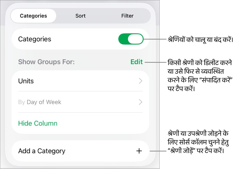 श्रेणियाँ बंद करने, श्रेणियाँ डिलीट करने, डेटा को फिर से समूह में डालने, सोर्स कॉलम छिपाने और श्रेणियाँ जोड़ने के विकल्पों के साथ iPad के लिए श्रेणी मेनू।