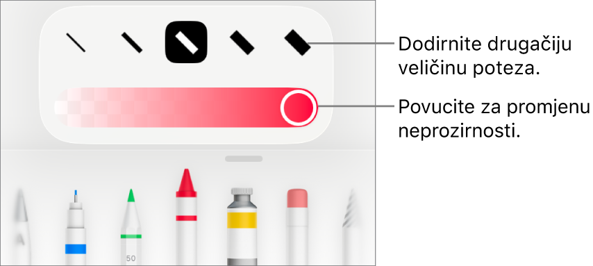 Kontrole za odabir veličine poteza i kliznik za prilagodbu neprozirnosti.