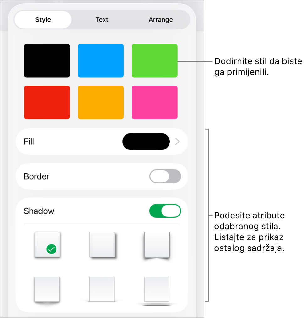 Kartica Stil izbornika Formatiraj sa stilovima objekata na vrhu i kontrole ispod njih za promjenu ispune, ruba i sjene.