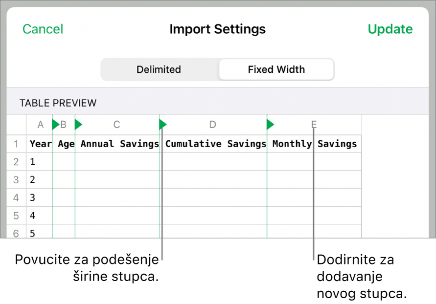 Postavke importiranja za tekstualnu datoteku fiksne širine.