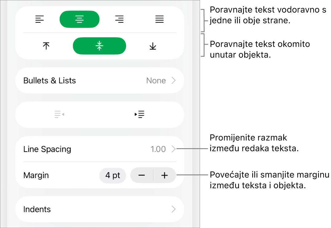 Odjeljak Raspored u Inspektoru formata s balončićima za tipke za poravnanje teksta i razmak.