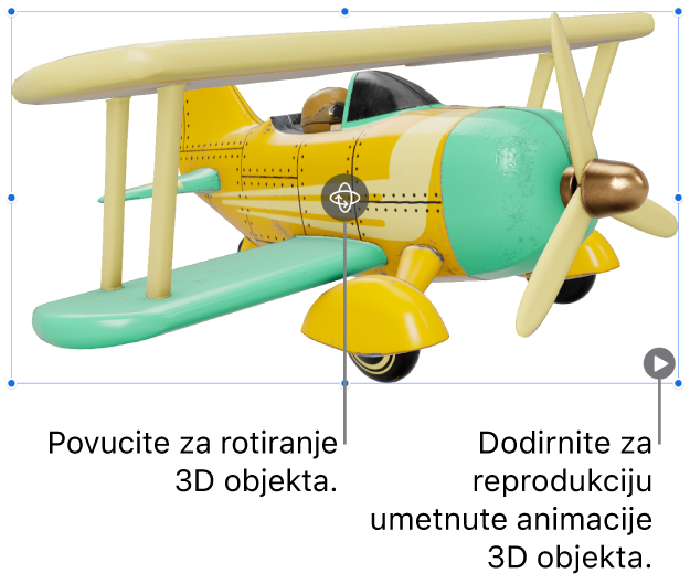 3D objekt s tipkom Rotiraj po sredini objekta i tipkom Reprodukcija u donjem desnom kutu.
