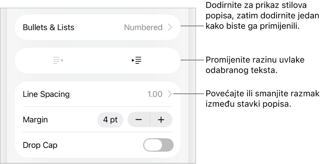Odjeljak Predznaci i popisi kontrola formatiranja s oblačićima na Predznake i popise, tipke za izvlake i uvlake i kontrole razmaka između redaka.