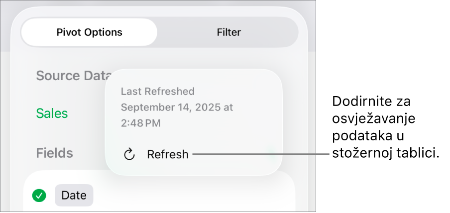 Izbornik Opcije zakretanja prikazuje opciju za osvježavanje zaokretne tablice.