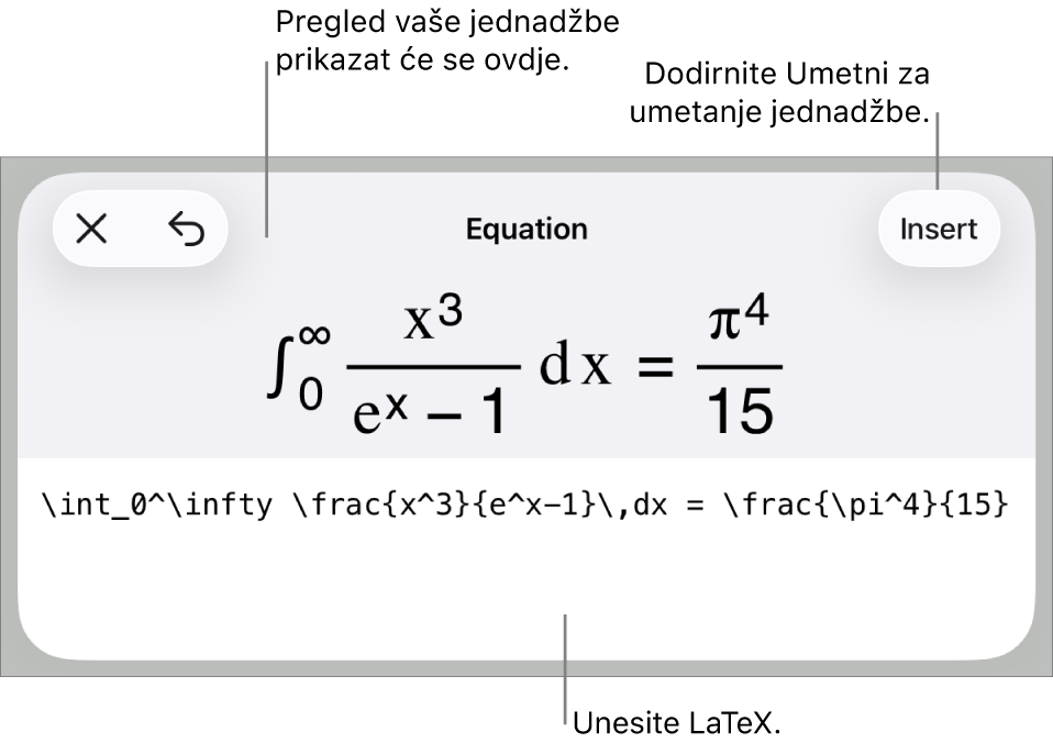 Dijaloški okvir Jednadžba koji prikazuje jednadžbu napisanu korištenjem LaTeX naredbi i prikaz gornje formule.