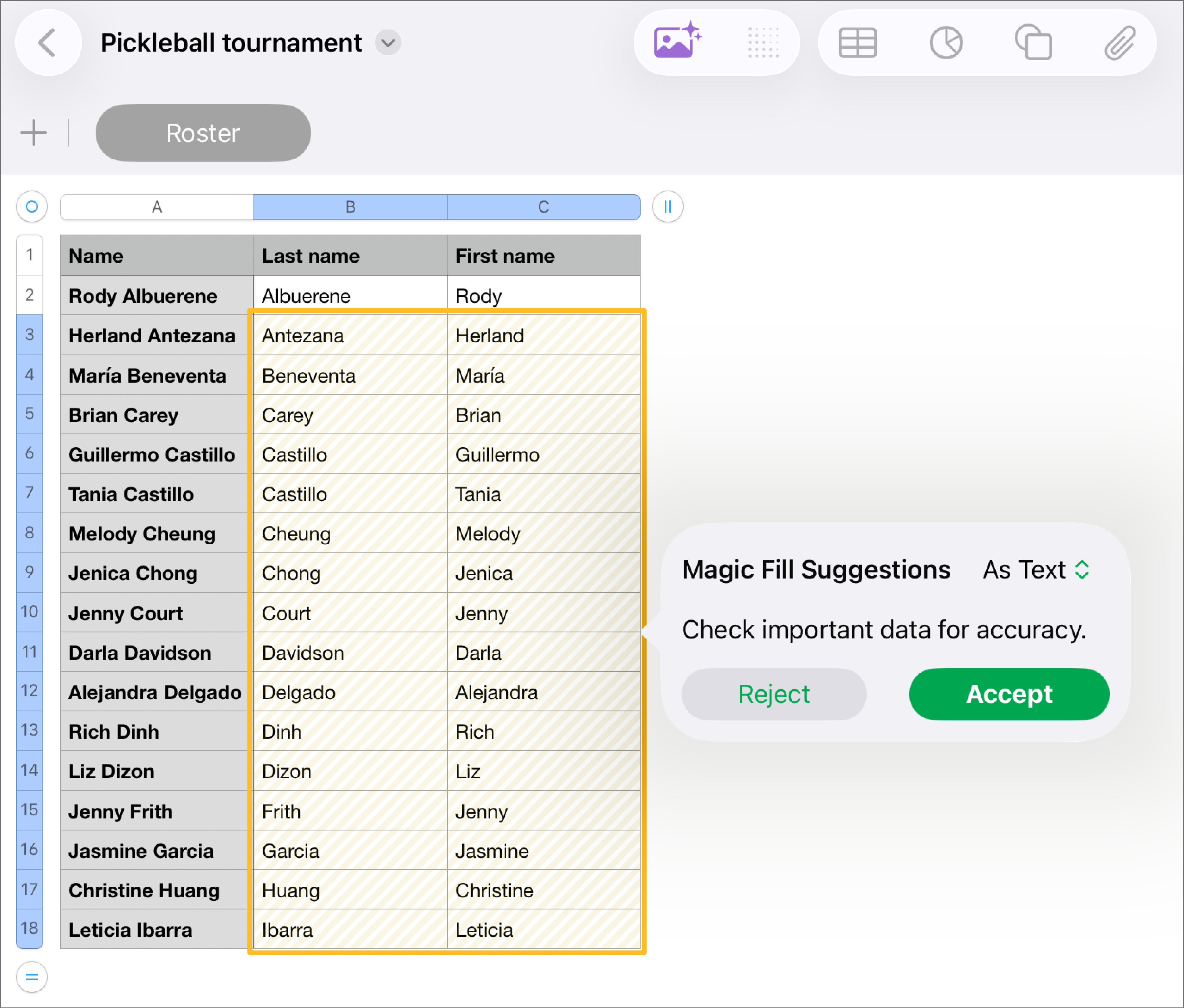 Tablični dokument s istaknutim imenima i skočnim izbornikom Prijedlozi čarobne ispune za njihovo prihvaćanje ili odbacivanje.