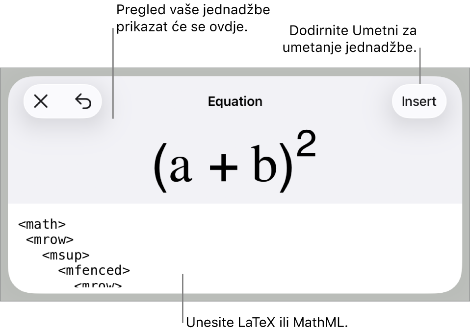 Dijaloški okvir Jednadžba koji prikazuje jednadžbu napisanu korištenjem MathML naredbi i prikaz gornje formule.