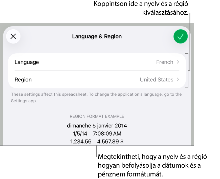 A Nyelv és régió panel a nyelv és régió vezérlőivel és egy formátum példával (ide értve: dátum, idő, tizedes és valuta).