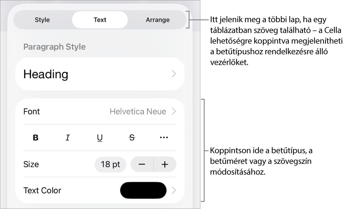 A Formátum menü szövegvezérlői a bekezdés és a karakterek stílusának, betűtípusának, méretének és színének beállításához.