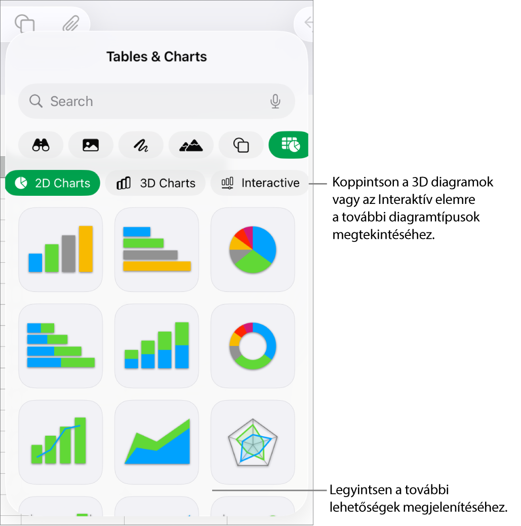 A diagrammenü 2D-s diagramokkal.