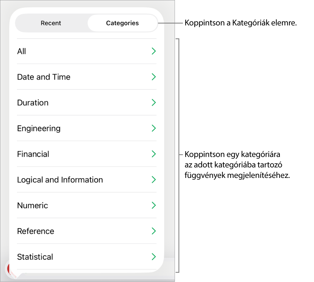 A Függvényböngésző a kijelölve látható Kategóriák gombbal, alatta pedig a kategóriák listájával.