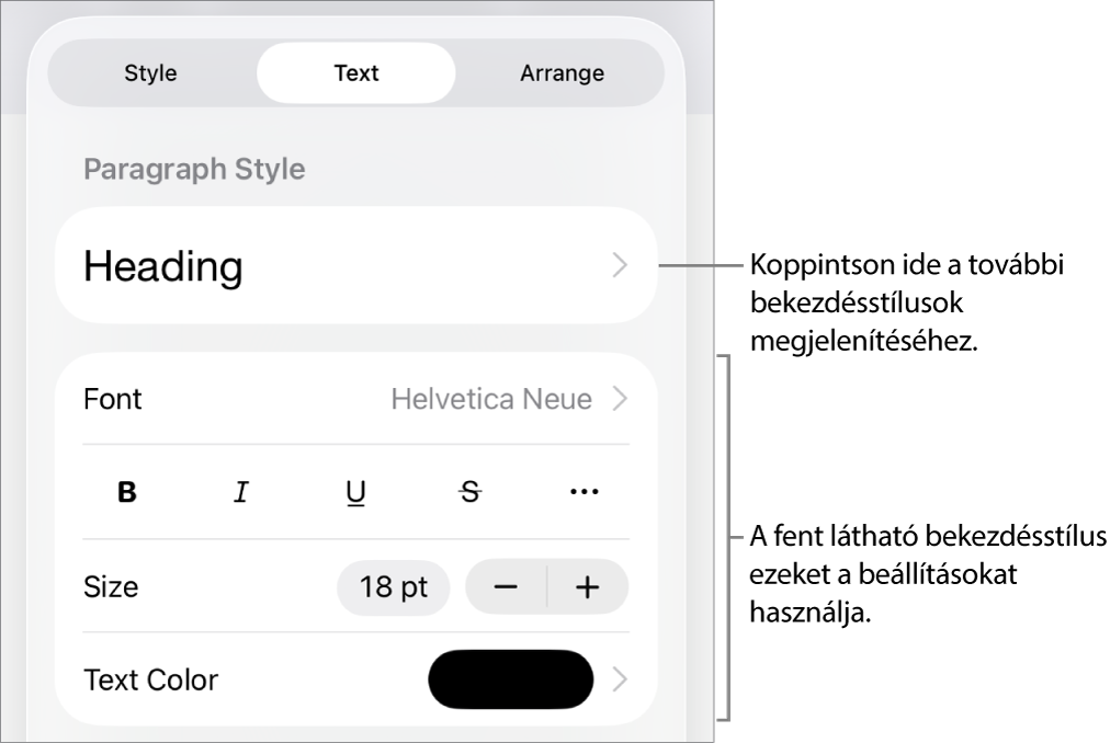 A Formátum menü a bekezdés és a karakterek stílusának, betűtípusának, méretének és színének beállítására szolgáló vezérlőkkel.