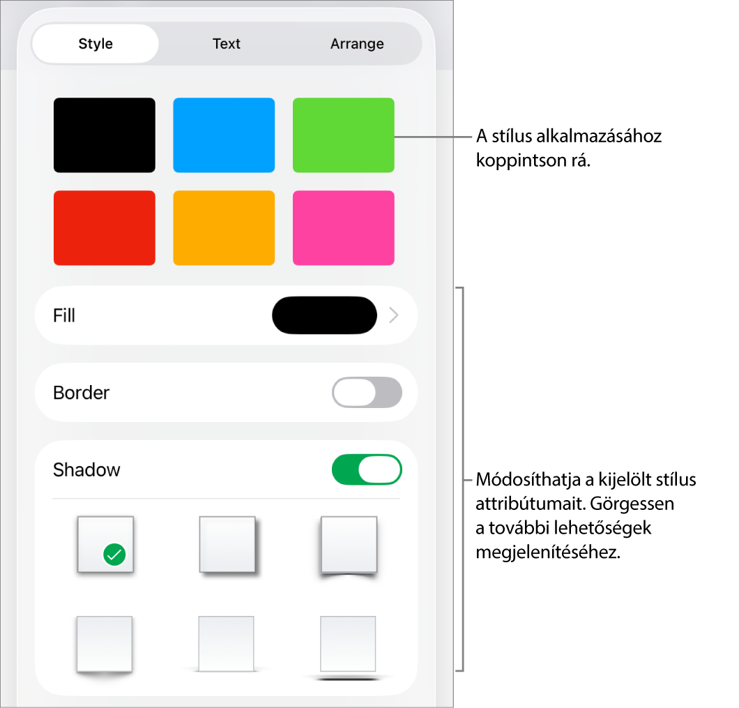 A Formátum menü Stílus panelje, felül az objektumstílusokkal, alattuk pedig a kitöltés, a szegély és az árnyék módosítására szolgáló vezérlőkkel.