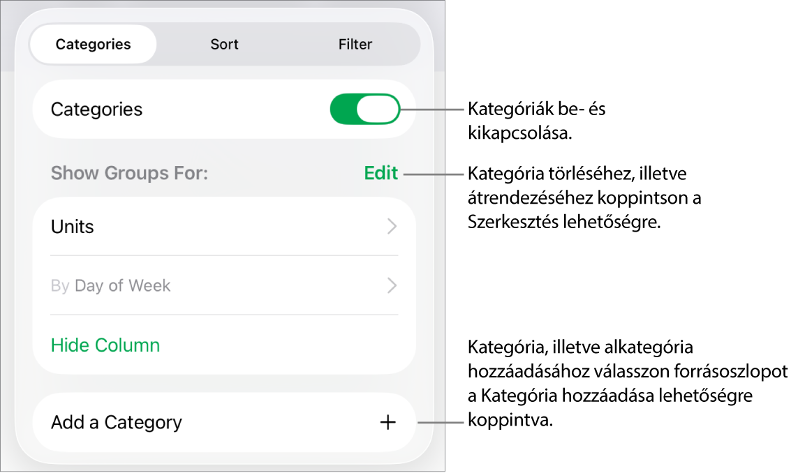 A Kategóriák menü iPad esetén, beállításokkal a kategóriák kikapcsolásához, a kategóriák törléséhez, az adatok átcsoportosításához, forrásoszlop elrejtéséhez és kategóriák hozzáadásához.