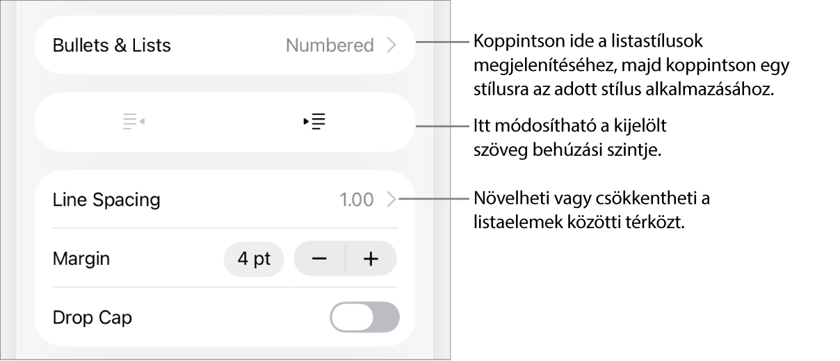A Formátum vezérlők Felsorolások és listák része, a Felsorolásokat és a listákat, a kihúzás és a behúzás gombokat, valamint a sor térköz vezérlőket jelölő feliratokkal.