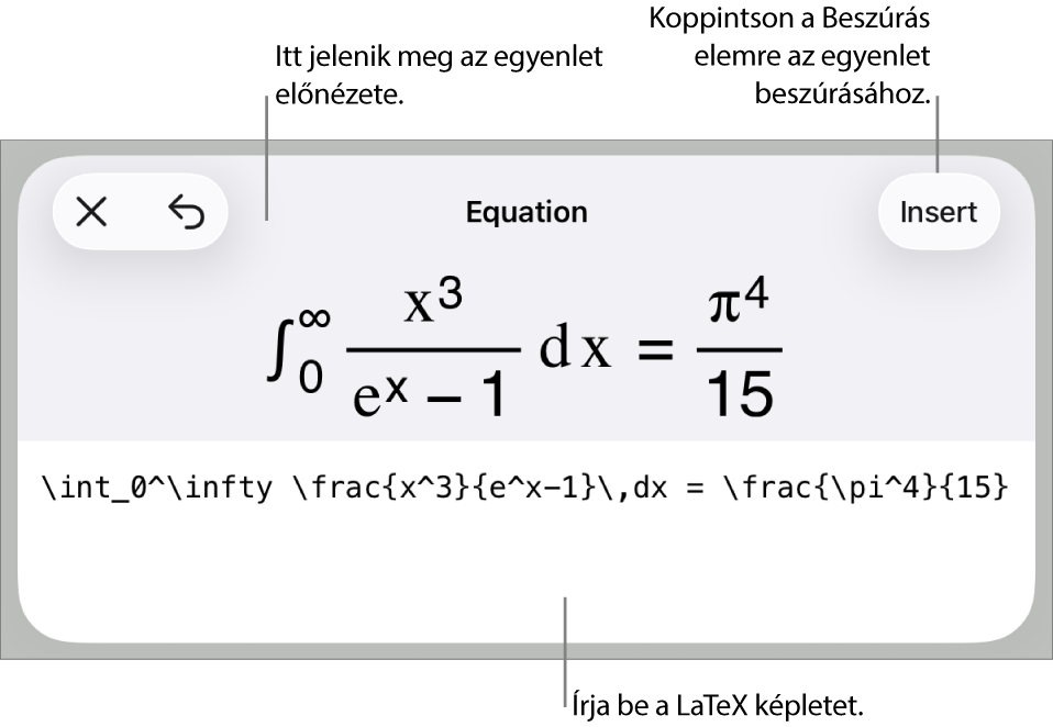 Az Egyenlet párbeszédpanel, amelyen egy, a LaTex-parancsok használatával írt egyenlet, felül pedig az egyenlet előnézete látható.