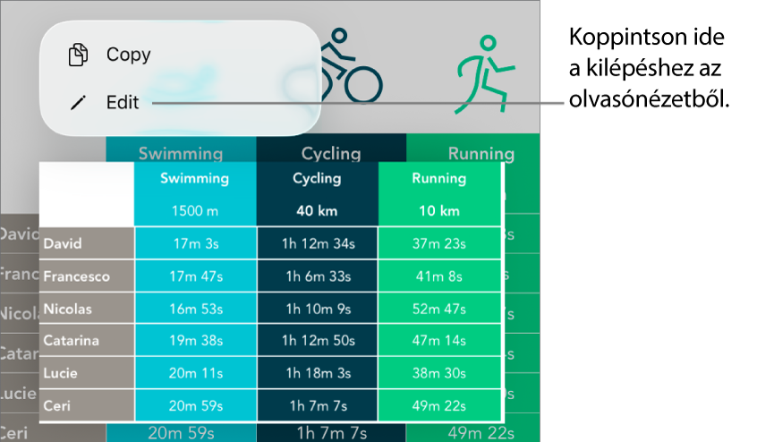Egy kijelölt táblázatcella, amely fölött a Másolás és Szerkesztés gombokat tartalmazó menü látható.