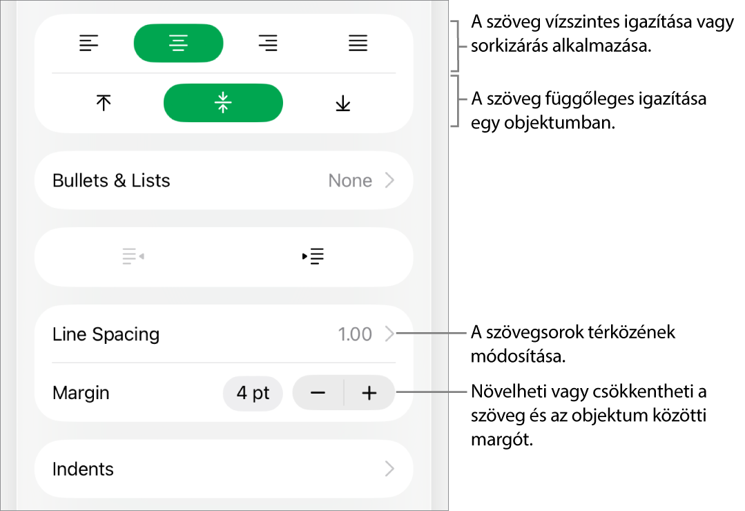 A Formátumvizsgáló Elrendezés szakasza a szövegigazítási és térközbeállítási gombokat jelölő feliratokkal.