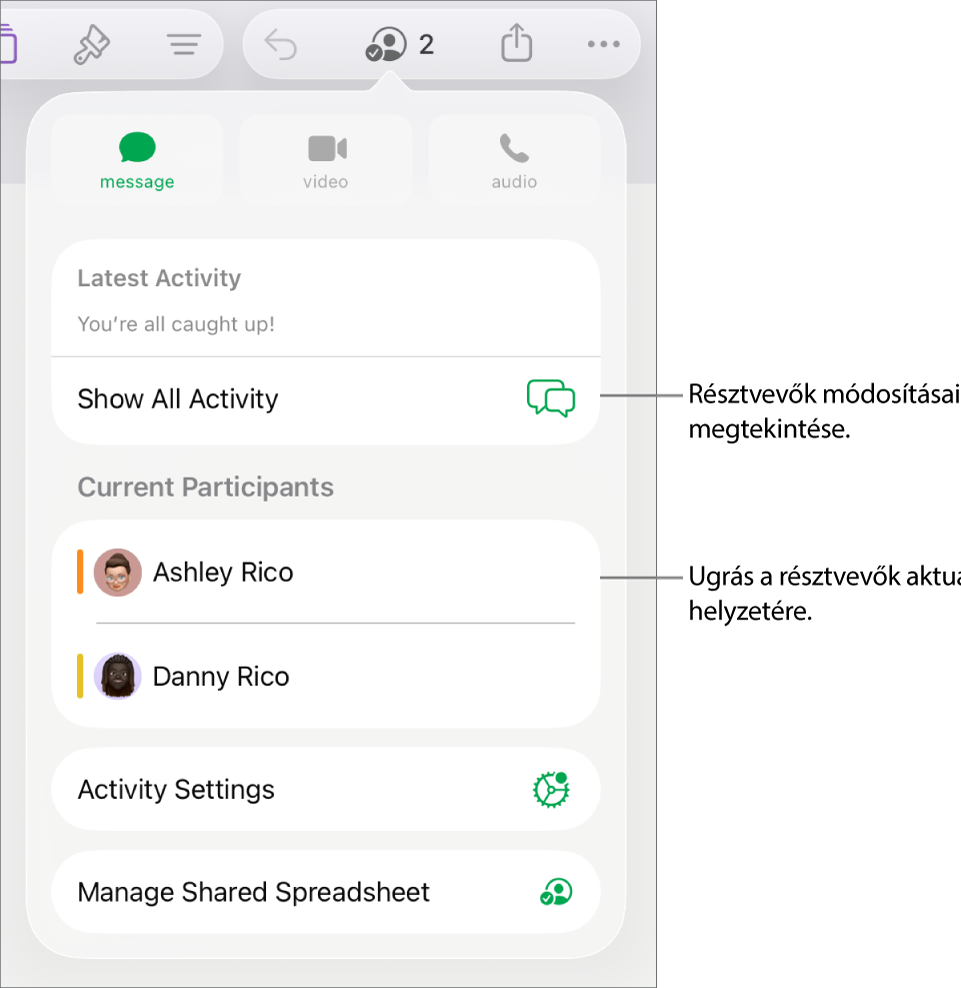 Az együttműködési menü a jelenlegi résztvevőkkel.