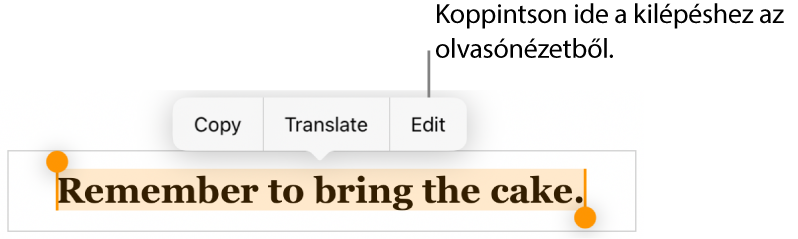 Egy kijelölt mondat, amely fölött a Másolás és Szerkesztés gombokat tartalmazó környezetfüggő menü látható.